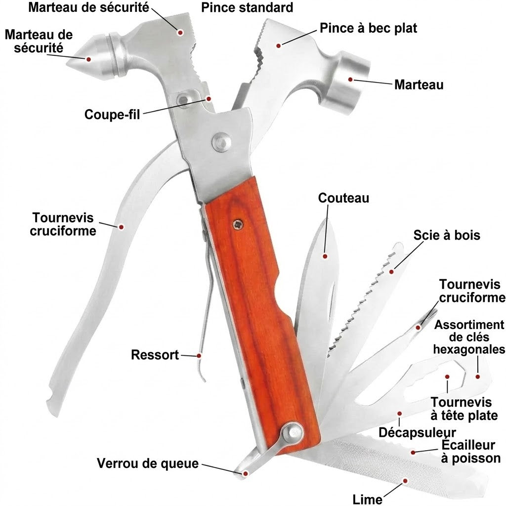 16-en-1 Outil multifonction portable avec marteau arrache-clou