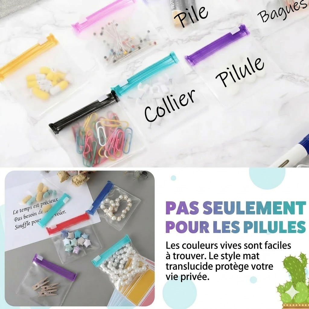 Lot de 7 sachets à pilules transparents avec fermeture à glissière – hermétiques.