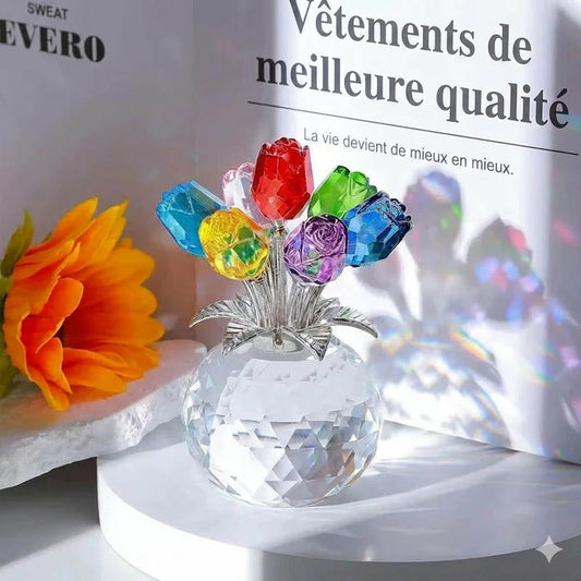 Kristall färgglad rosenblomma samlarfigur med vas