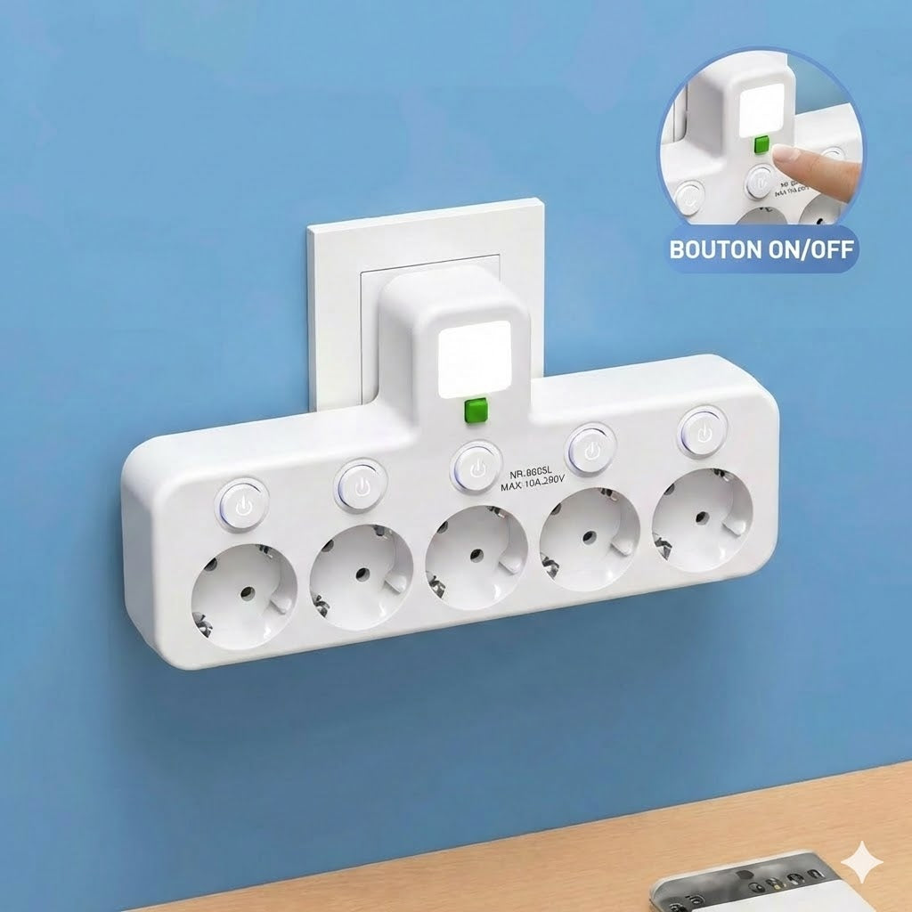 Multiprise gain de place avec éclairage et USB