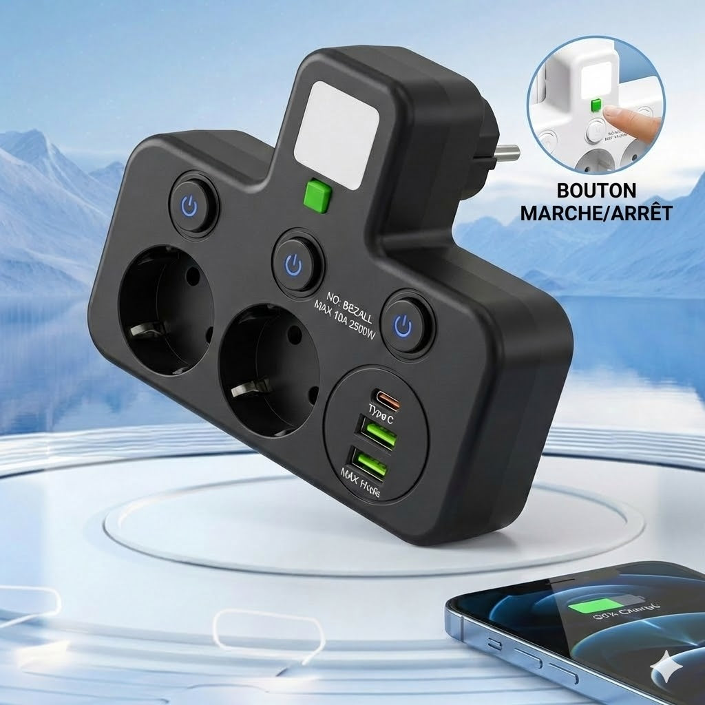 Multiprise gain de place avec éclairage et USB