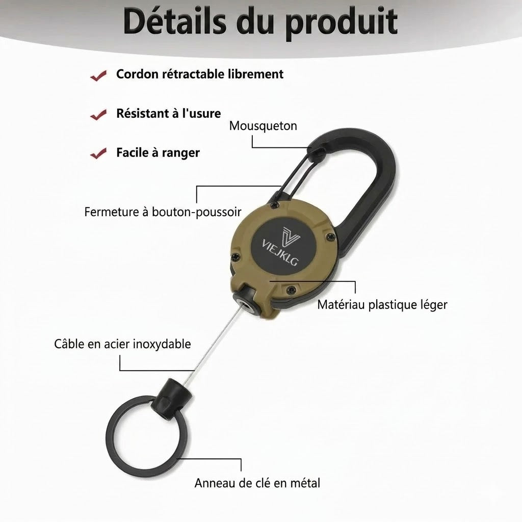 Nouveau mousqueton multifonction 3-en-1 avec enrouleur rétractable.
