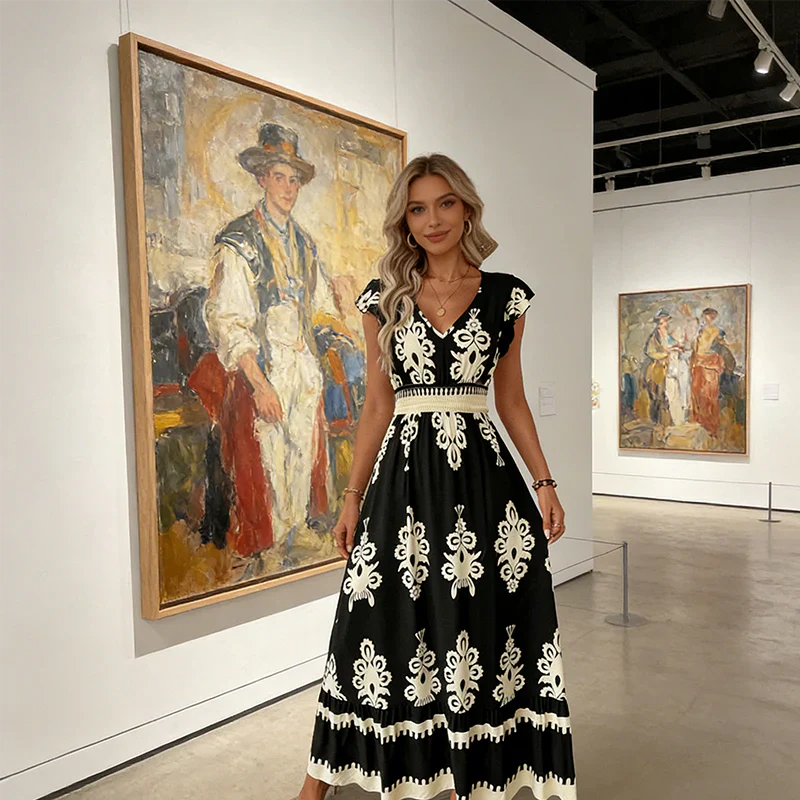 Robe élégante à col en V et imprimé baroque