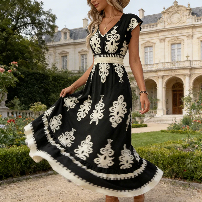 Robe élégante à col en V et imprimé baroque