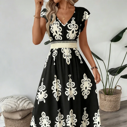 Robe élégante à col en V et imprimé baroque