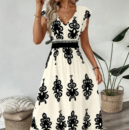Robe élégante à col en V et imprimé baroque