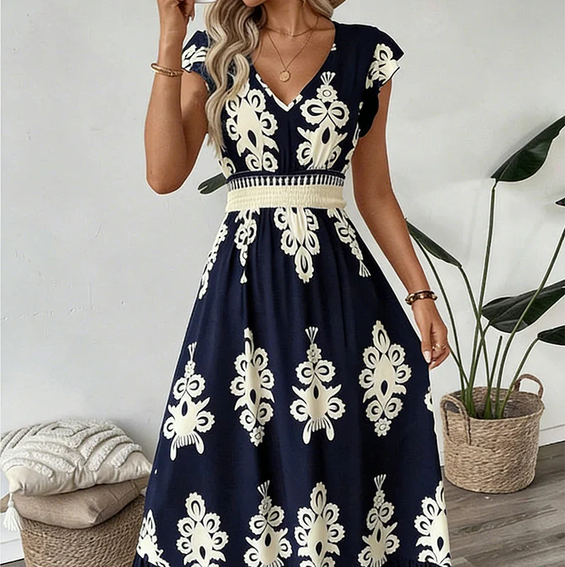Robe élégante à col en V et imprimé baroque