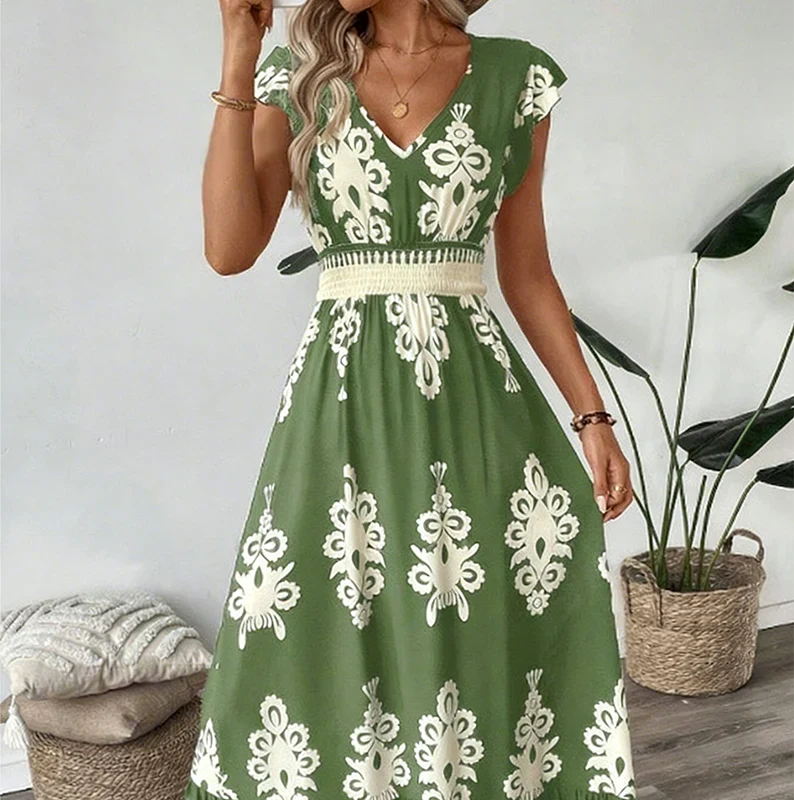 Robe élégante à col en V et imprimé baroque