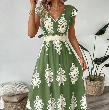 Robe élégante à col en V et imprimé baroque